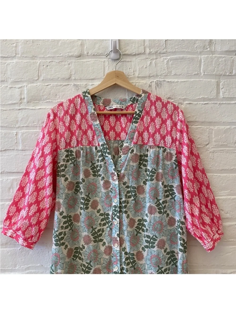 Zara Block Printed Floral Pink Ecru Midi Dress M